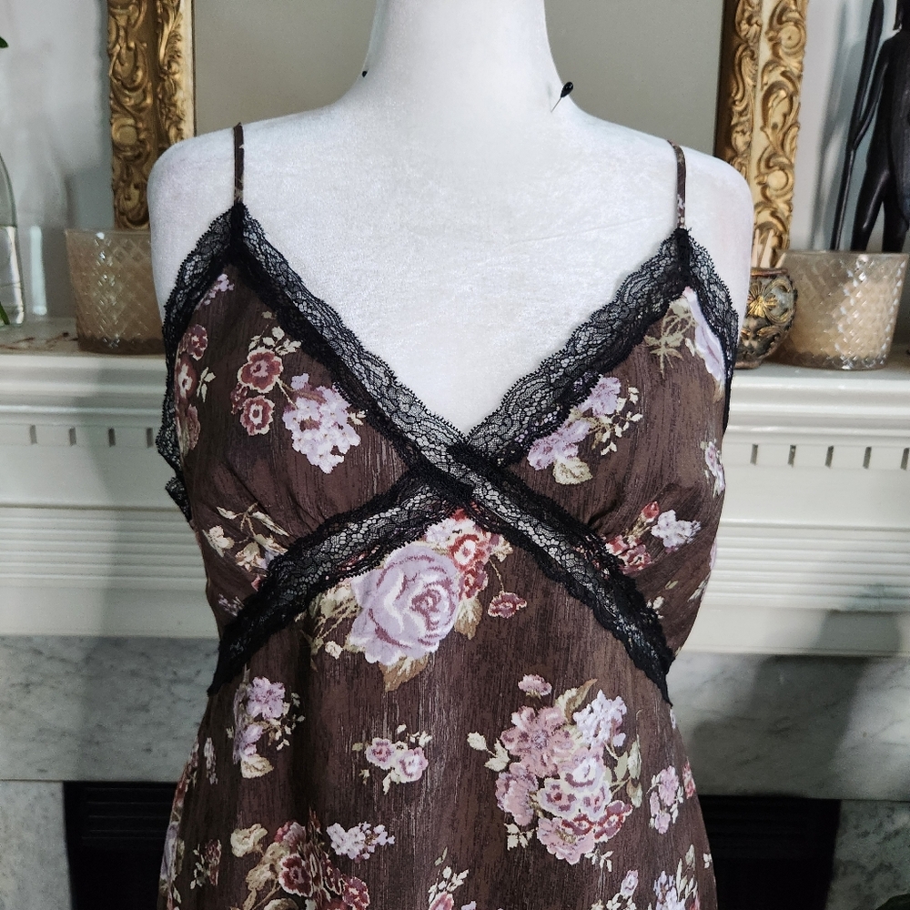 H&M Brock Collection Brown Floral Maxi Slip Dress Size XL Lace Romantic - Picture 7 of 9